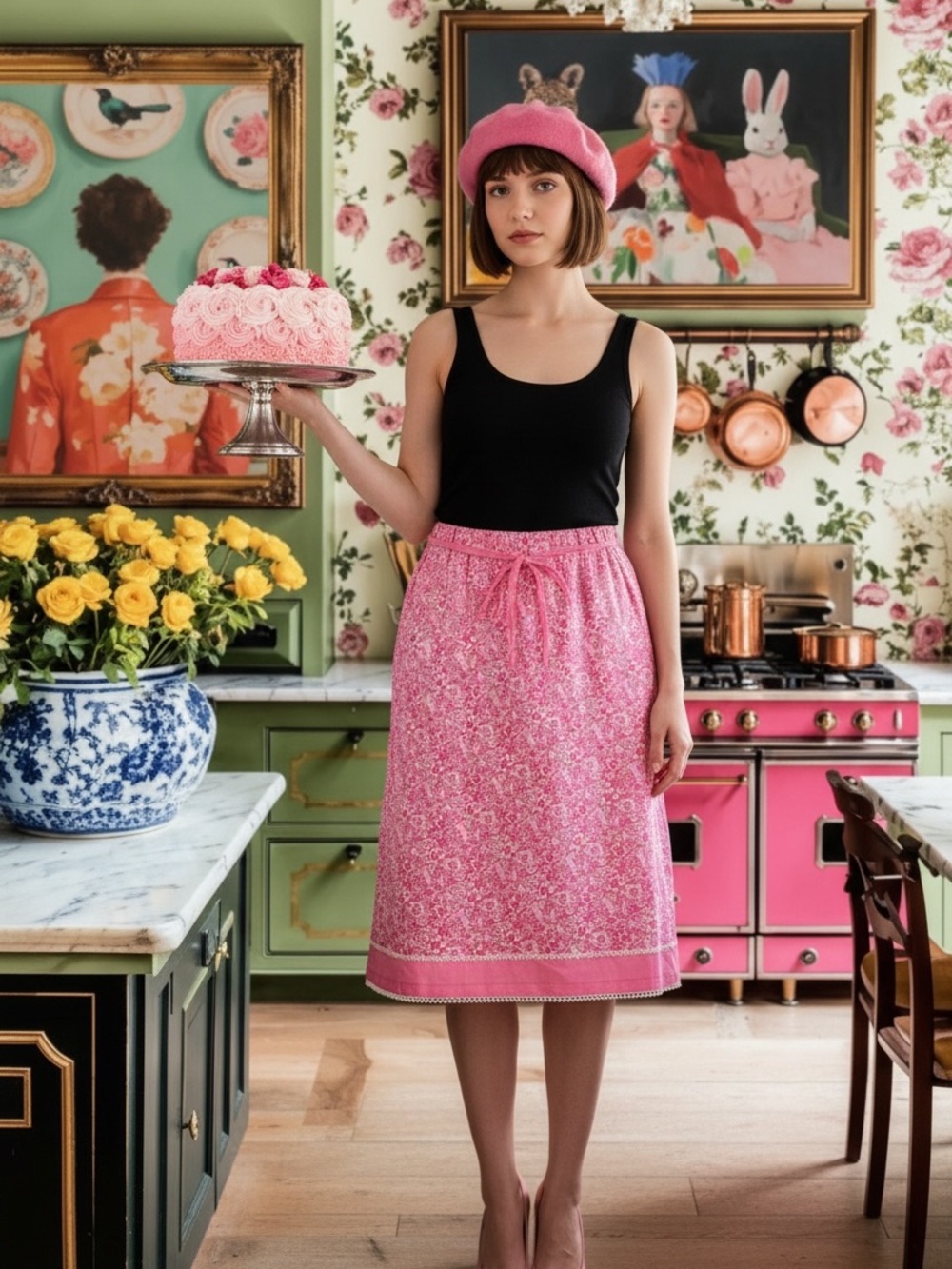 Pink authentic 90s Floral Midi Skirt - Women's Classic Fit